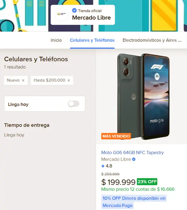 Precios del Moto G06 en la tienda oficial de Mercado Libre