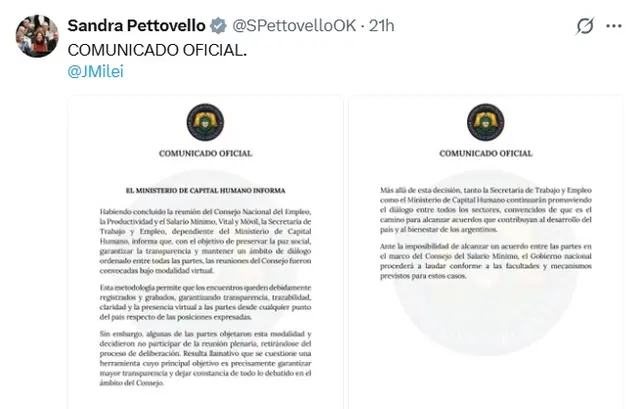 Comunicado oficial del Ministerio de Trabajo sobre falta de acuerdo en Salario Mínimo Vital y Móvil