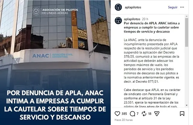 ANAC intima a empresas a cumplir tiempos de servicios y descanso (Foto: Instagram)
