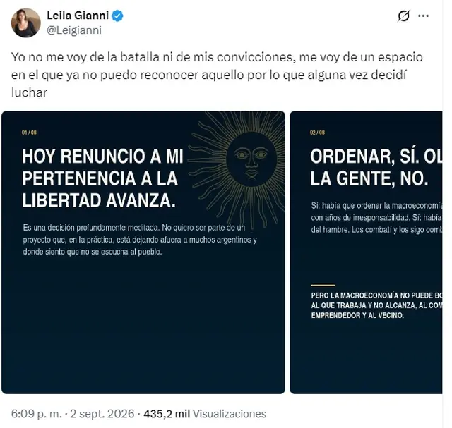 Leila Gianni publicó un mensaje en sus redes con críticas al Gobierno