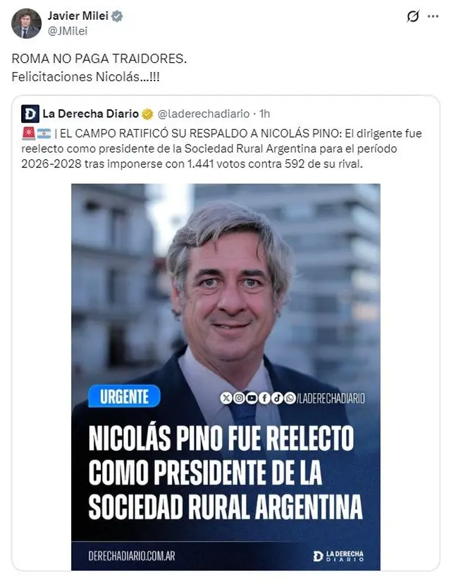 Javier Milei felicitó en redes a Nicolás Pino