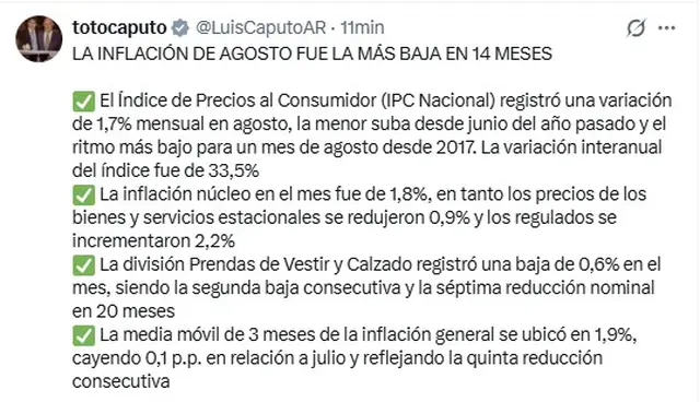 El mensaje de Luis Caputo, analizando el IPC de agosto