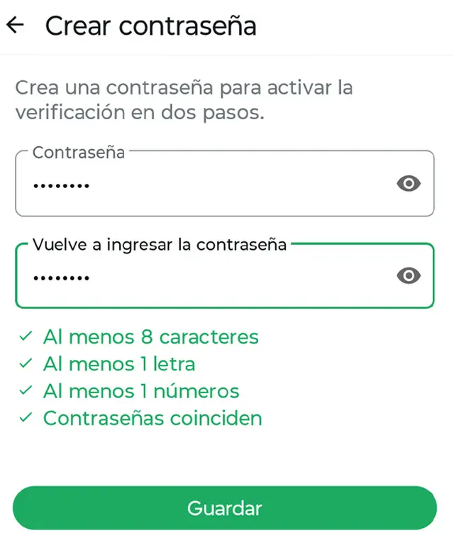 Nueva contraseña validada en WhatsApp