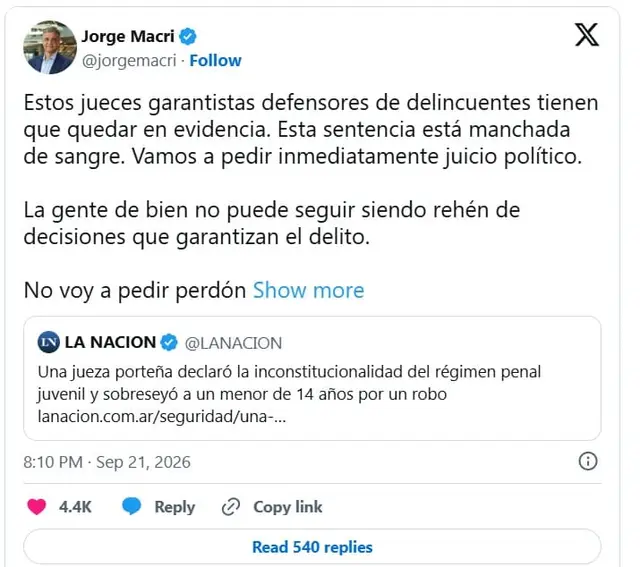 Jorge Macri contra la magistrada que frenó la baja de edad de imputabilidad
