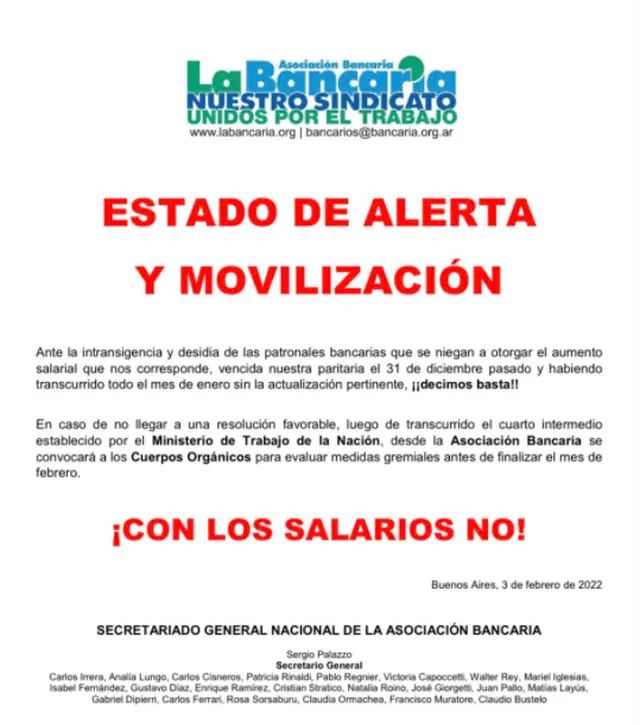 El comunicado de La Bancaria