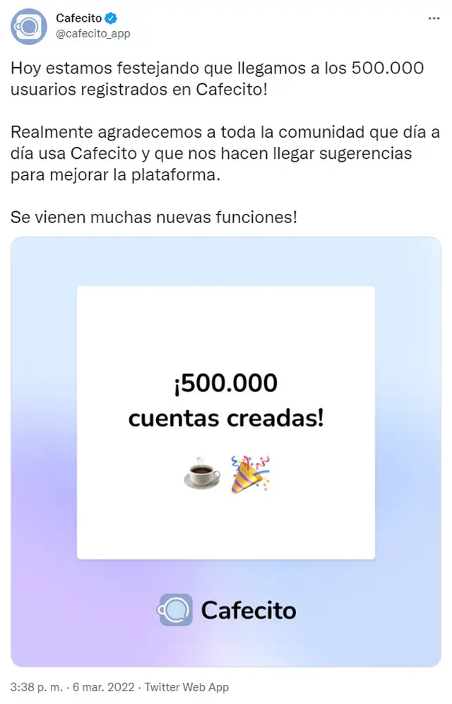 Cafecito celebró las 500.000 cuentas creadas