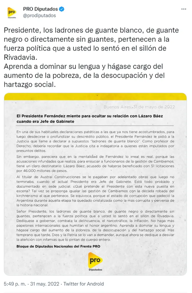 El comunicado del PRO que difundieron a través de Twitter