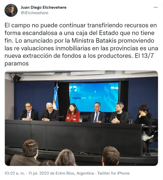 El tuit que publicó Etchevehere este lunes