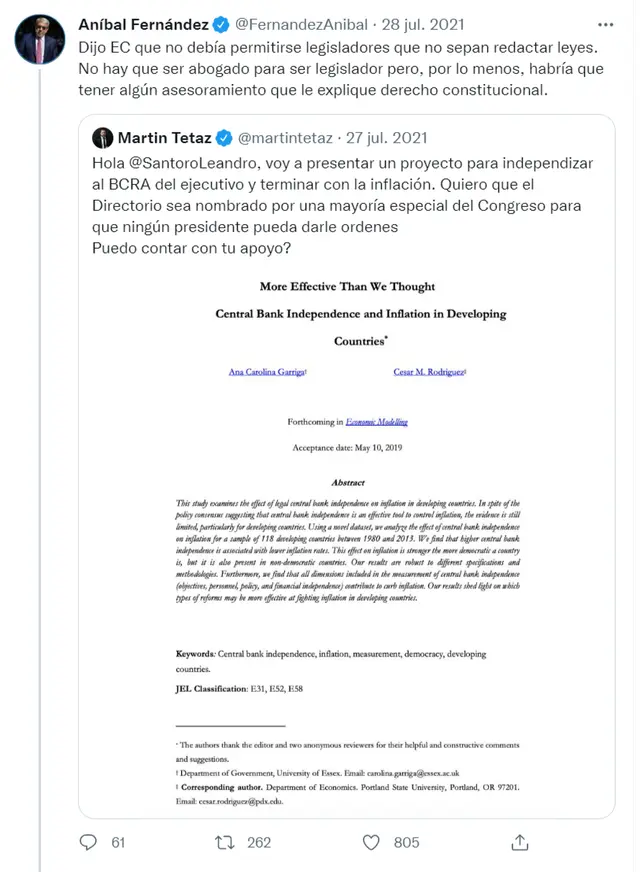 El primer tuit de Aníbal Fernández, en el momento en que