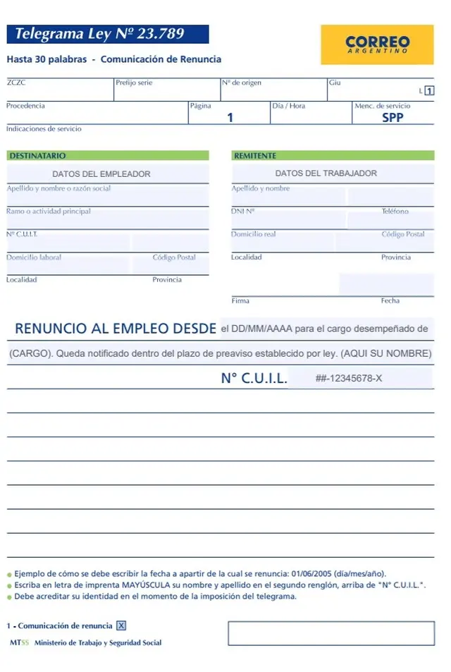 Modelo de telegrama de renuncia de Correo Argentino