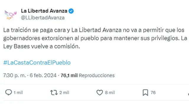 El comunicado del partido de Milei responsabilizó directamente a los gobernadores provinciales