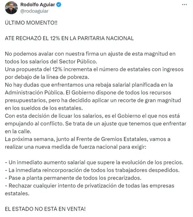 Para el referente de ATE, la suba de sueldo ofrecida por el Gobierno
