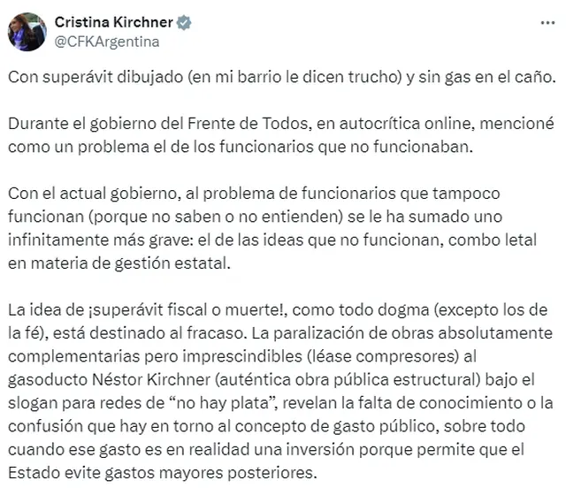 Cristina Kirchner aprovechó la crisis del gas para plantear su crítica a la política de ajuste fiscal de Milei