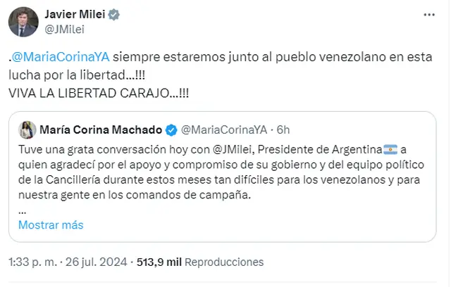 La líder de la oposición venezolana agradeció públicamente el apoyo de Milei, que se convirtió en un inesperado protagonista de la campaña