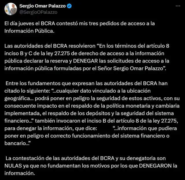 Sergio Omar Palazzo hizo eco de su pedido (rechazado por el BCRA) en sus redes sociales.