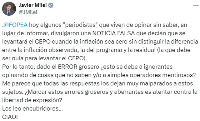 El presidente se quejó por la confusión de algunos medios sobre cuál sería el nivel de inflación para levantar el cepo