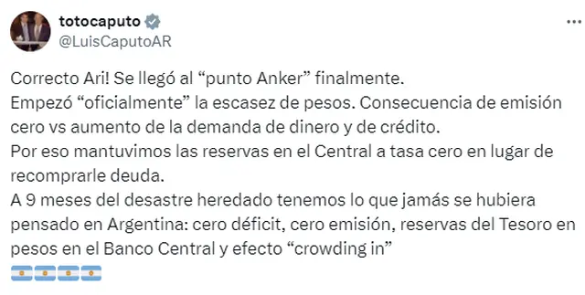 Toto Caputo afirmó que la economía tuvo un punto de inflexión en el que el crédito demanda más pesos