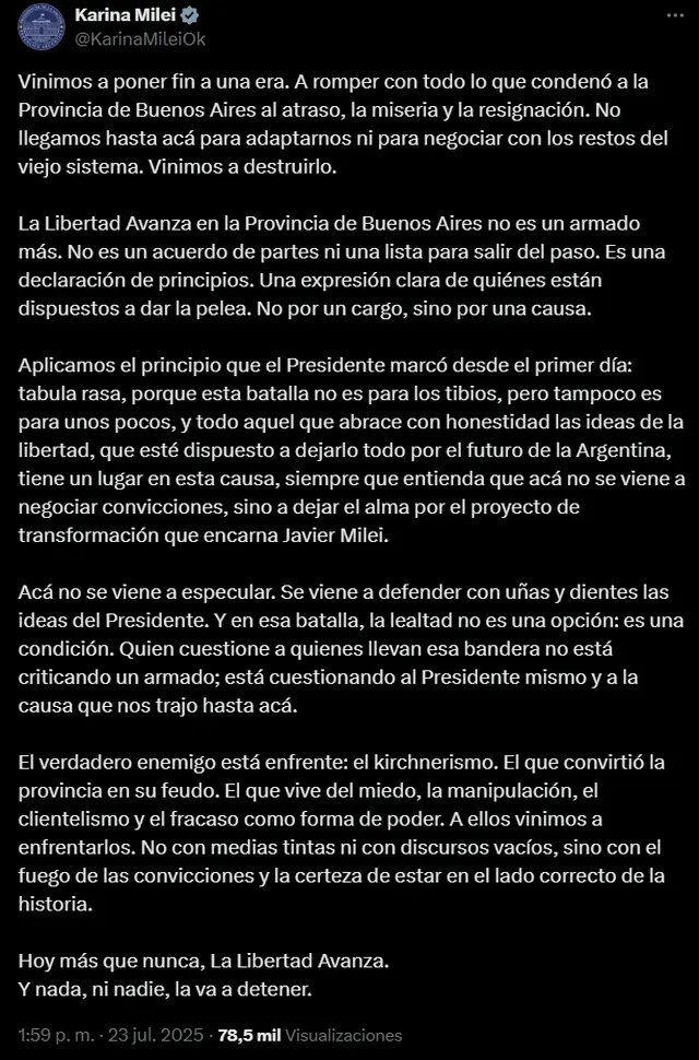 El comunicado de Karina Milei, en plena interna libertaria.