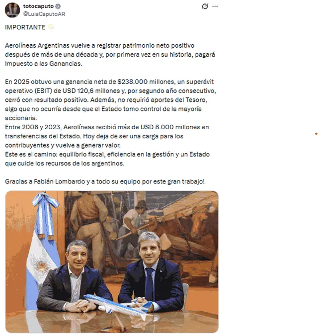 El tuit de Luis Caputo sobre el balance de Aerolíneas Argentinas.