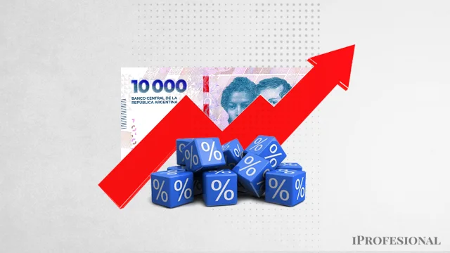 Imagen de un billete de pesos, símbolos de porcentaje y una flecha en alza para describir suba de tasas de interés. Imagen generada por iProfesional