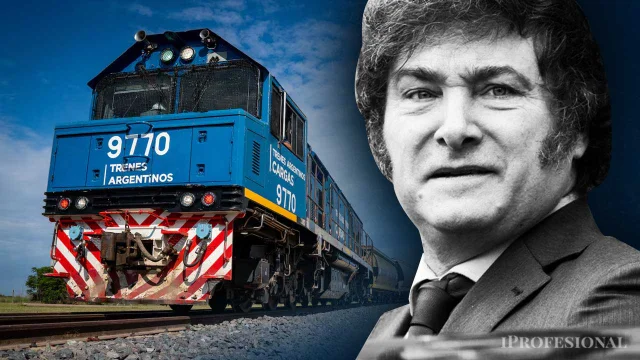 Un tren haciendo su recorrido junto a la cara de Javier Milei. Foto editada por iProfesional