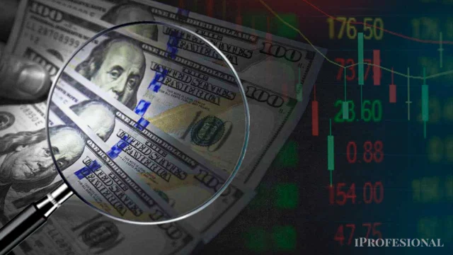 Billetes de dólares con una lupa y gráficos del mercado