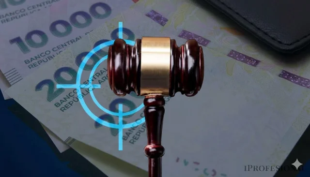 Billetes argentinos junto a un martillo judicial