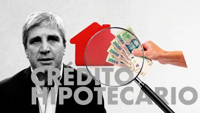 Luis Caputo con una imagen de una casa, pesos y una lupa