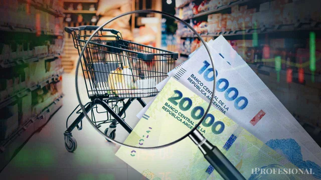 Un changuito de supermercado con una lupa y billetes de pesos