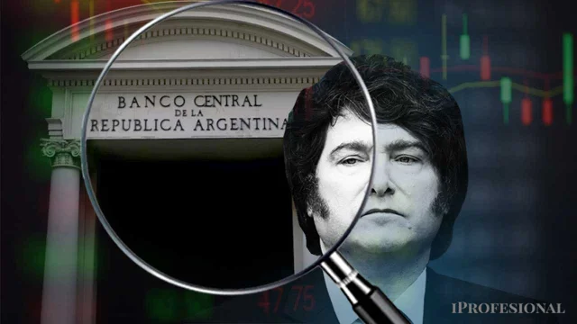 Javier Milei con la fachada del BCRA de fondo y delante una lupa que tiene como foco el nombre del BCRA y media cara de Milei
