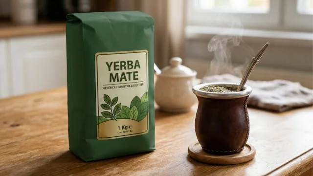 Imagen de un paquete de yerba y un mate sobre una mesa de madera. Imagen generada por iProfesional