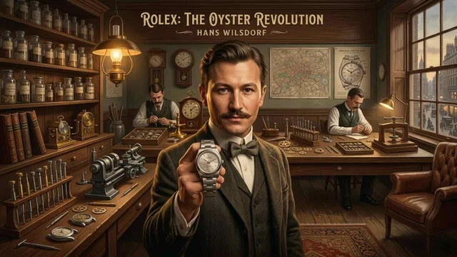 Ilustración de Hans Wilsdor, fundador de Rolex, en una relojería. Diseño: Ubuntu Comunicación Estratégica