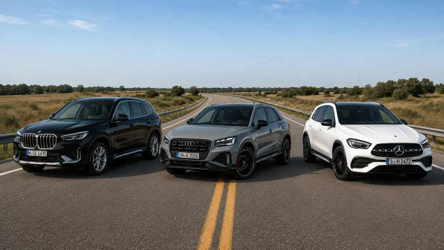 BMW X1, Audi Q2, Mercedes Benz GLA sobre la ruta en semicirculo. Foto creada por IA