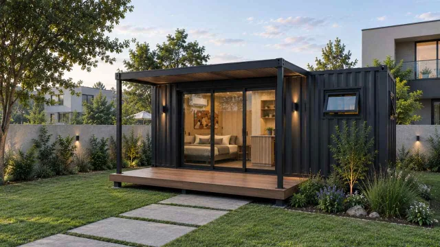 Una casa contenedor armada en el medio de un terreno con césped y plantas y otras casas en los alrededores