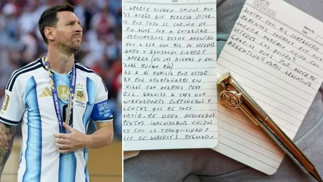 Lionel Messi con la camiseta de la selección argentina y la carta de su despedida a la Selección