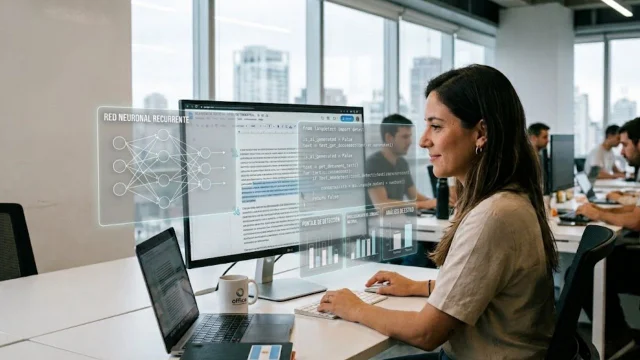 Una mujer trabajando frente a una computadora, utilizando un programa de IA