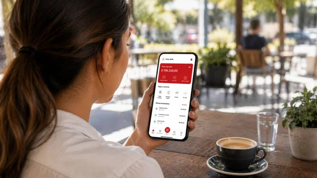 Joven en una cafetería con el celular en la mano izquierda, revisando el saldo en su billetera digital