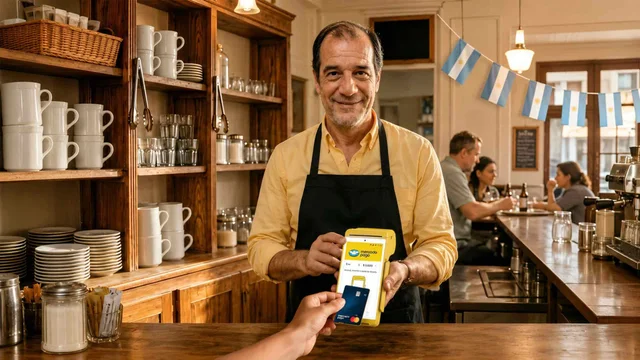 Dueño de un almacen sosteniendo la terminal de pago de Mercado Pago mientras el cliente abona con su tarjeta de crédito contactless