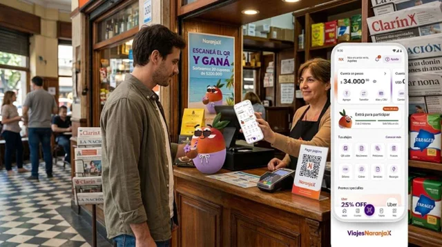 joven compra con qr en un local que tiene la promoción de naranja x