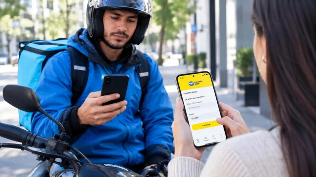 Usuaria envía dinero desde Mercado Pago en su celular a un repartidor (generado con  IA)
