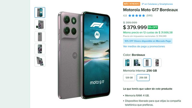 ¿Cuánto cuesta el celular Motorola más vendido en Mercado Libre?