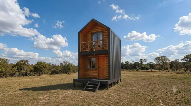 Cabaña de madera funcional lista para habitar de 2 pisos ubicada sobre el cesped con un fondo en donde se ve el cielo y las nubes