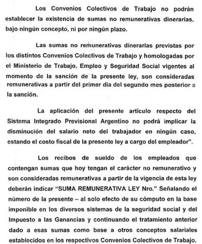 Pretenden eliminar por ley las sumas no remunerativas que se pactan en convenios