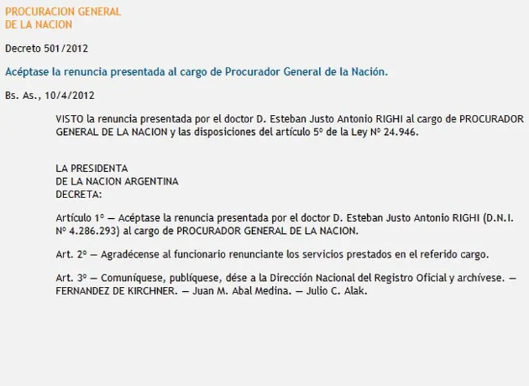 Oficializan la renuncia de Esteban Righi como procurador de la Nación