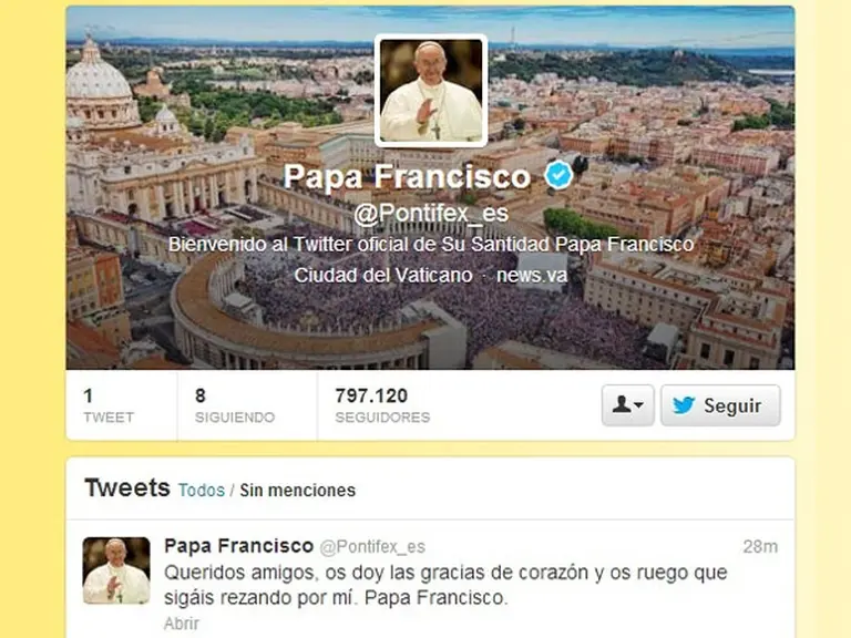 La cuenta en Twitter del papa Francisco alcanza los 12 millones de seguidores