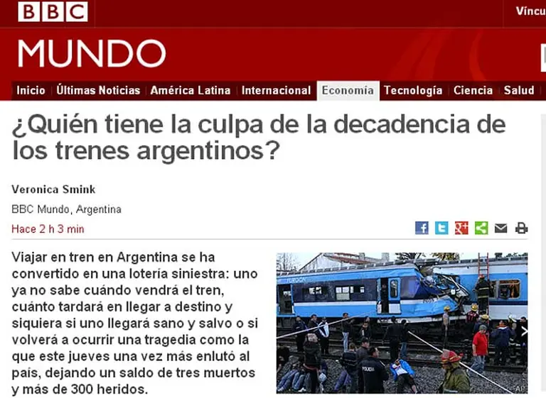 Para la BBC Mundo, viajar en los trenes de la Argentina es una "loterí­a siniestra"