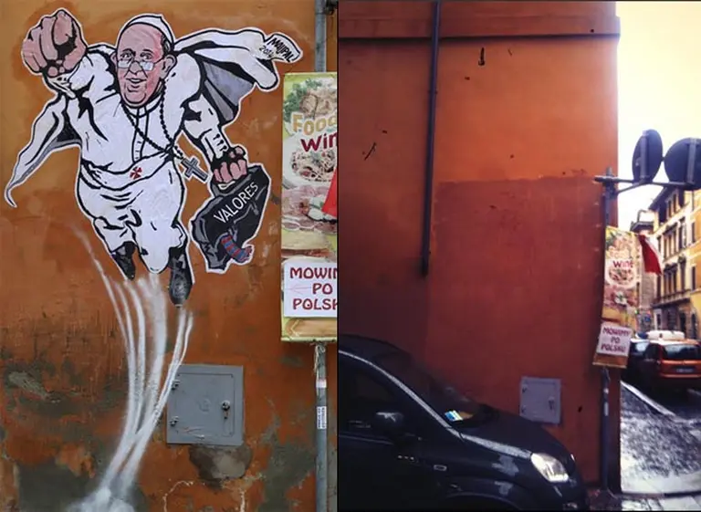 Borraron el grafiti que mostraba al papa Francisco como un superhéroe en Roma