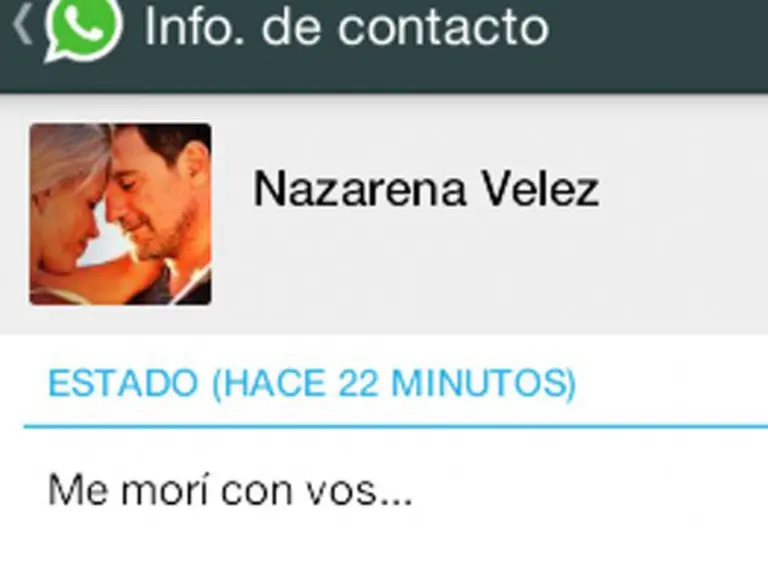 El estado de WhatsApp de Nazarena Vélez a su esposo: "Me morí­ con vos"