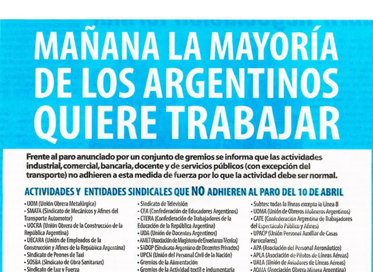 La solicitada del Gobierno contra el paro: "Mañana la mayorí­a de los argentinos quiere trabajar"