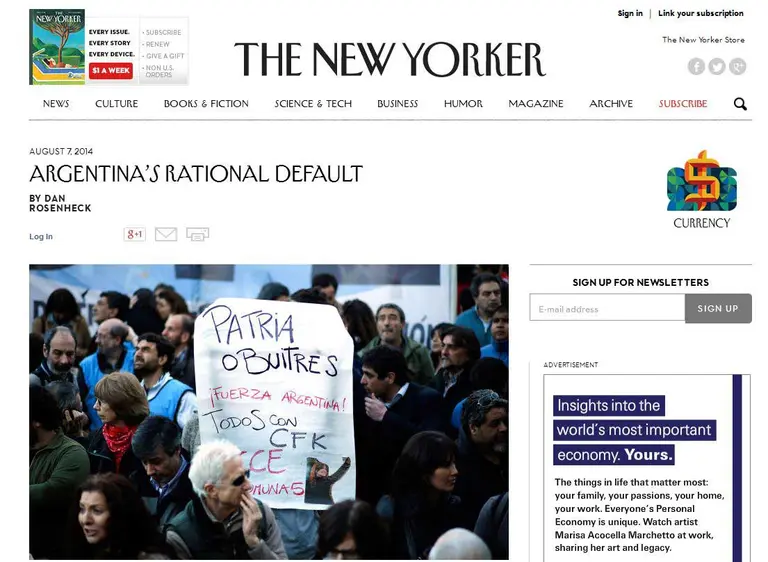 Para la influyente The New Yorker, caer en default fue una decisión "racional"